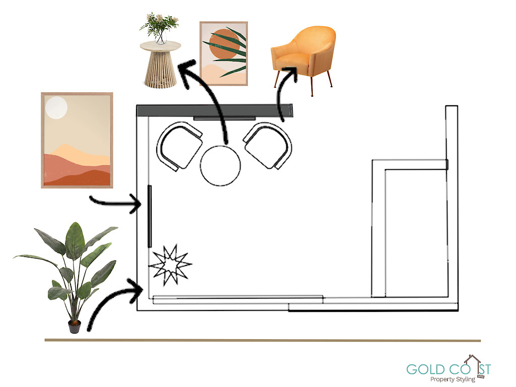 A floor plan of a living room with a table , chair , plants , and paintings.