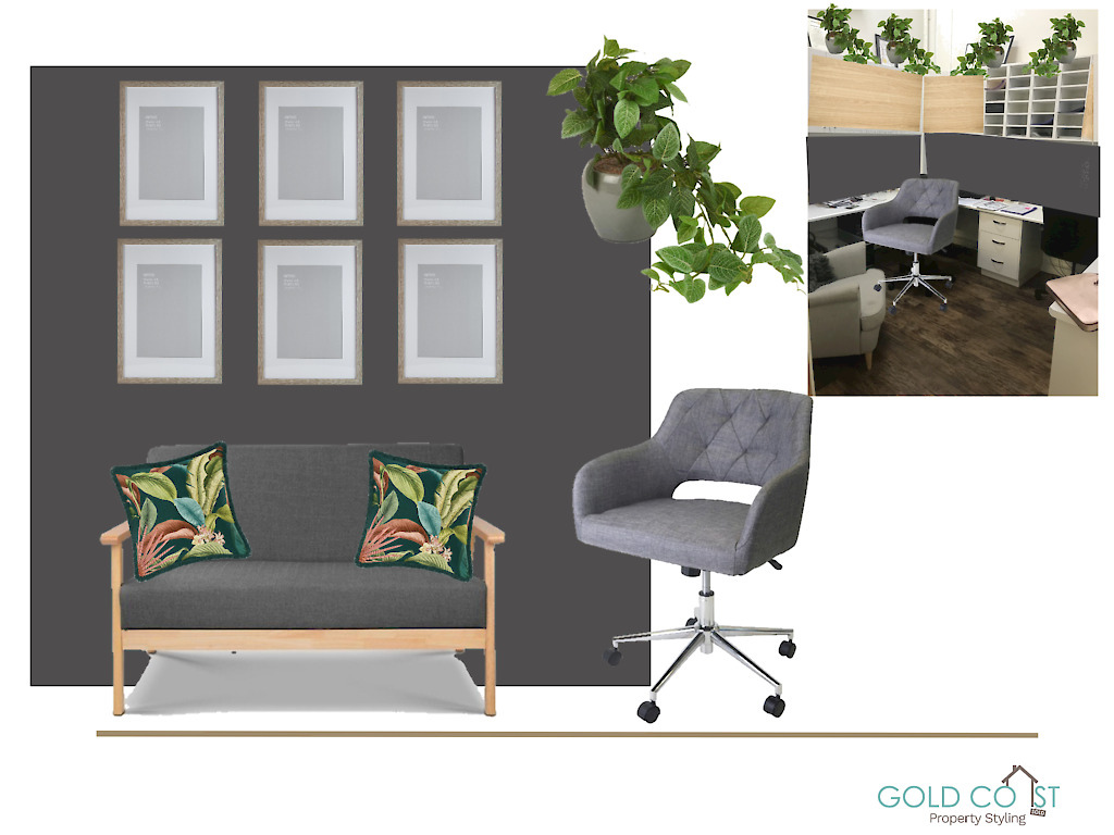 A living room with a couch , chair , desk and plants.