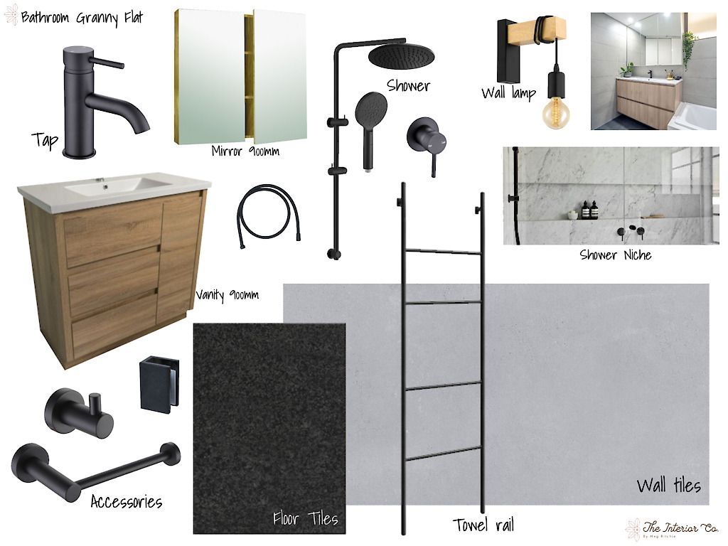 A bathroom with a sink , mirrors , and a ladder.