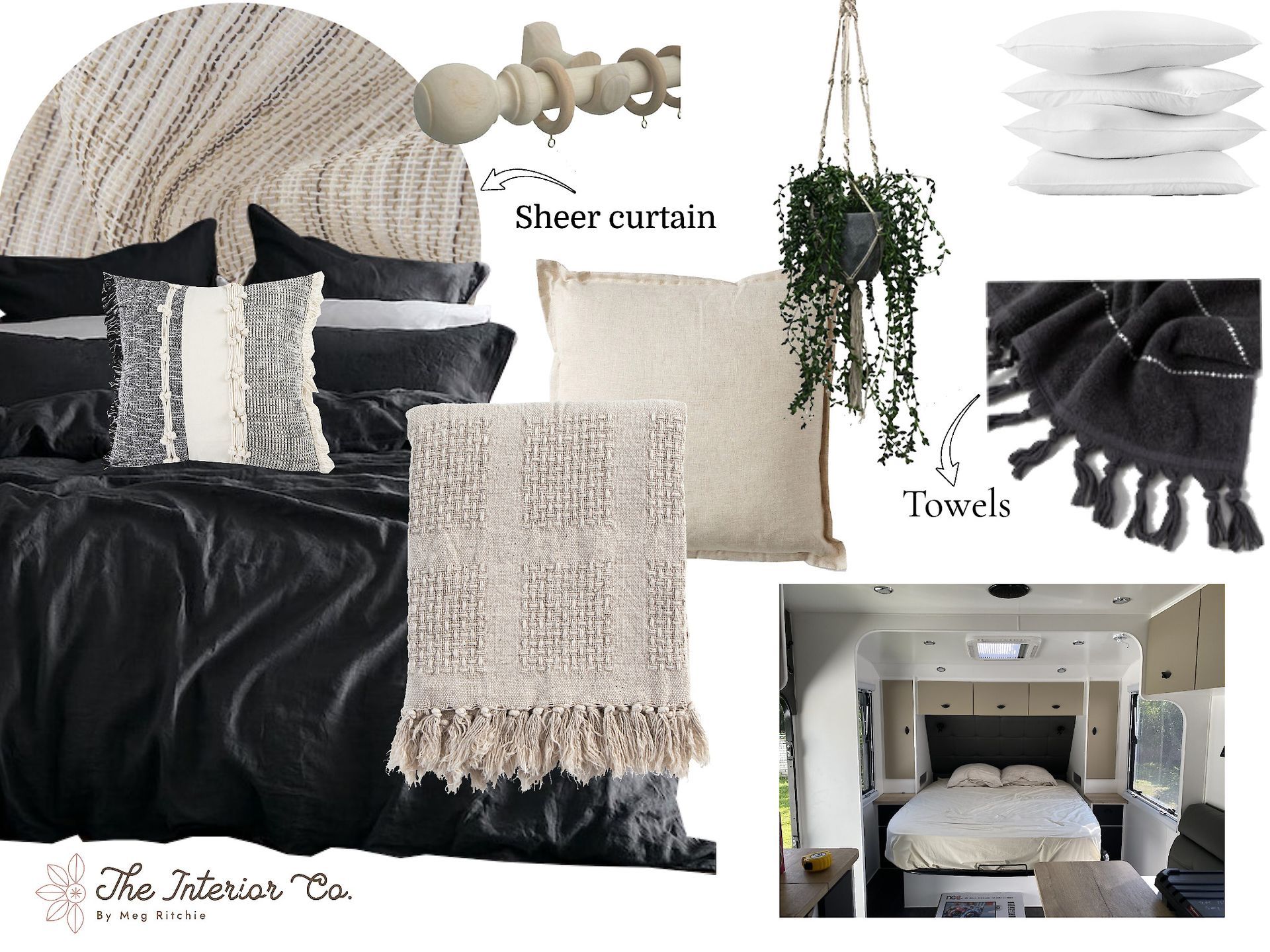 A bed with black sheets and pillows and a sheer curtain