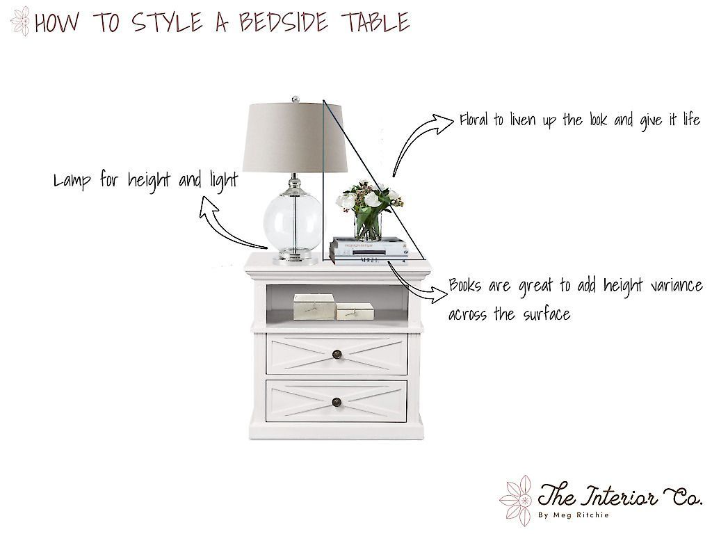 A nightstand with a lamp and a vase of flowers on it