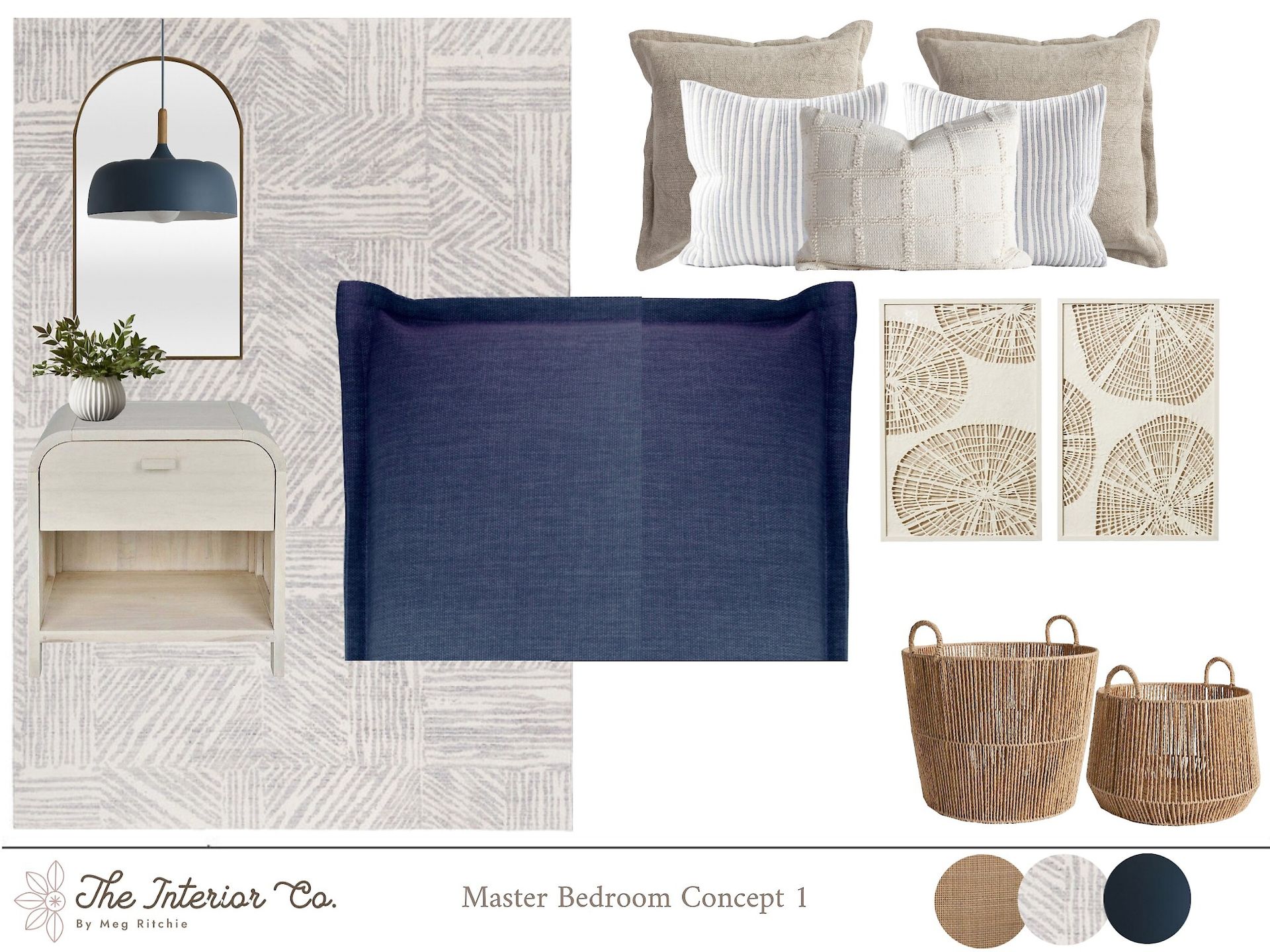 A bedroom with a blue headboard , wicker baskets , pillows and a mirror.