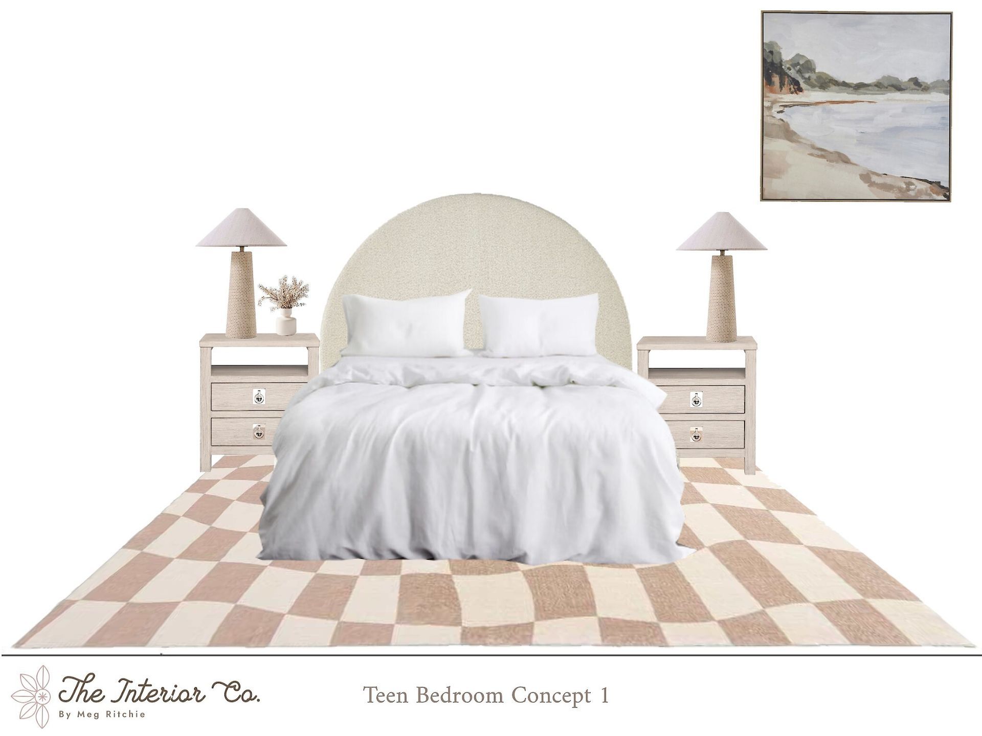 A bedroom with a checkered rug and a bed