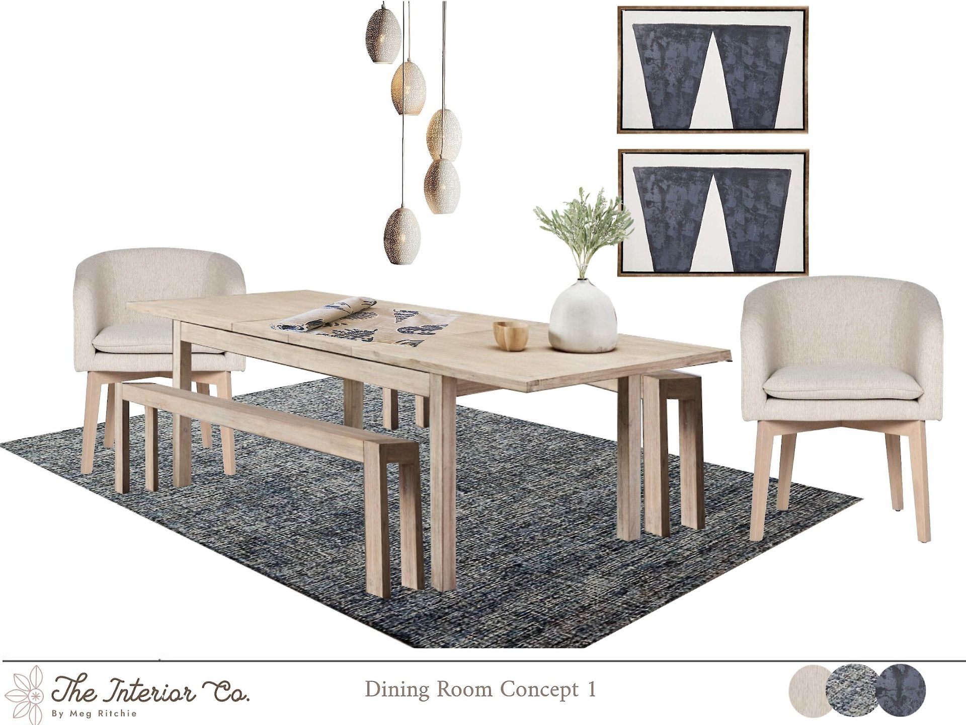 A dining room with a table and chairs by the interior co.
