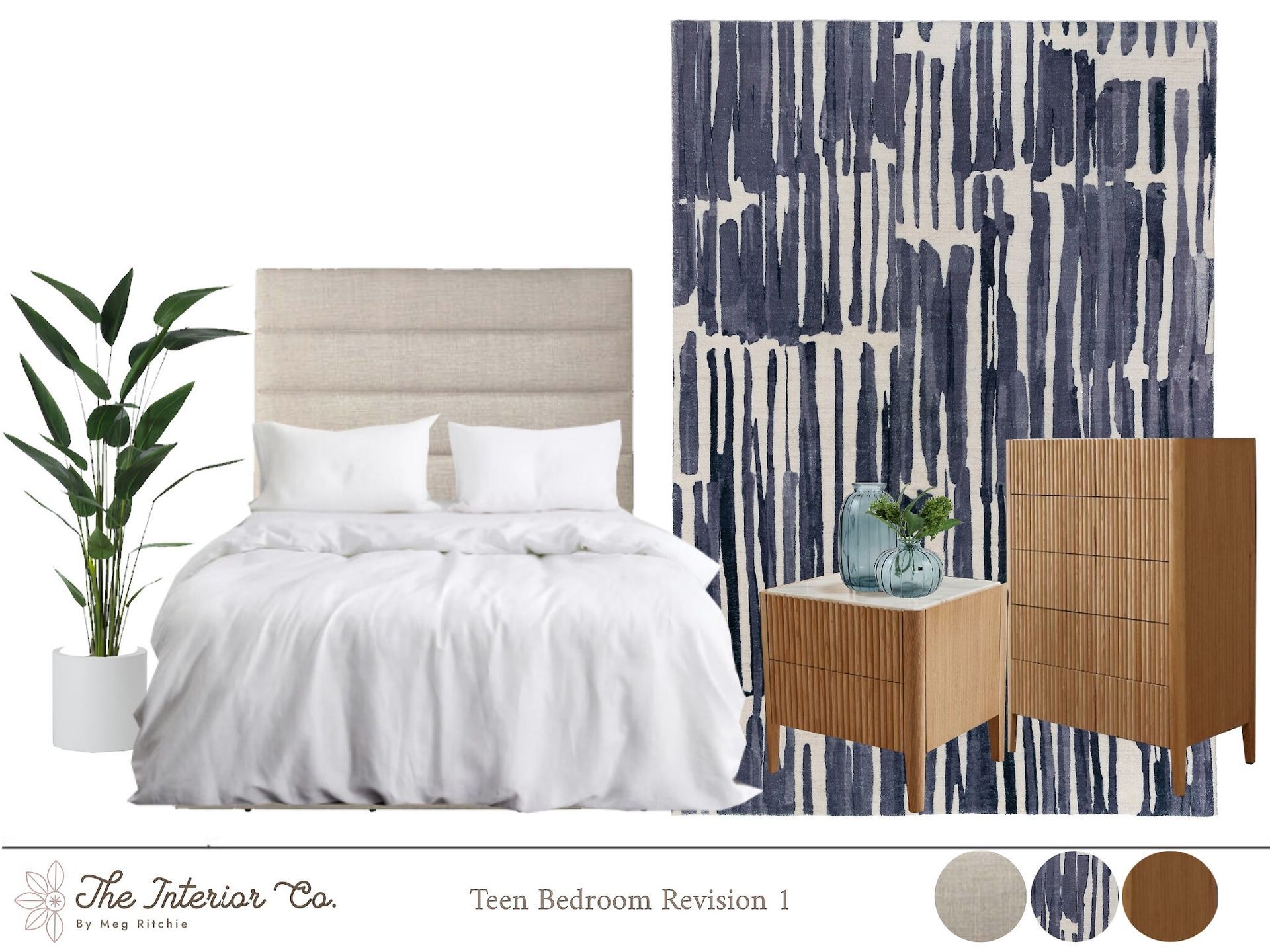 A bedroom with a bed , nightstand , dresser and rug.