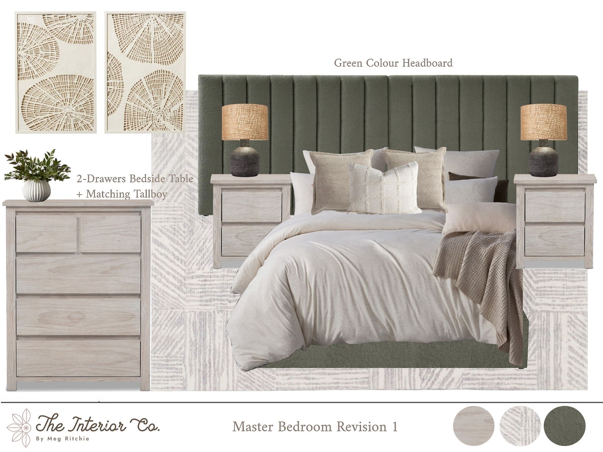 A bedroom with a bed , nightstands , dresser and lamps.