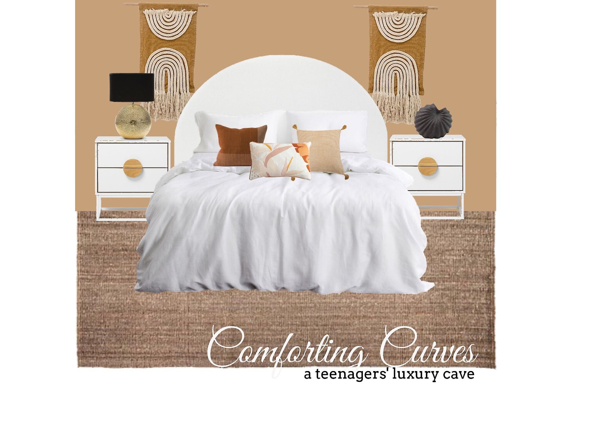 A bedroom with a bed , nightstands , and a rug.