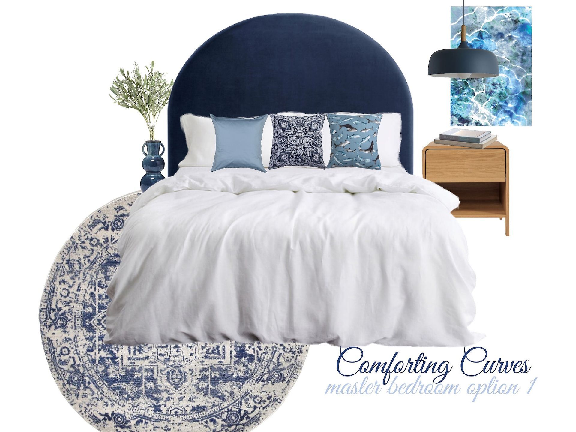 A bedroom with a blue headboard and white sheets