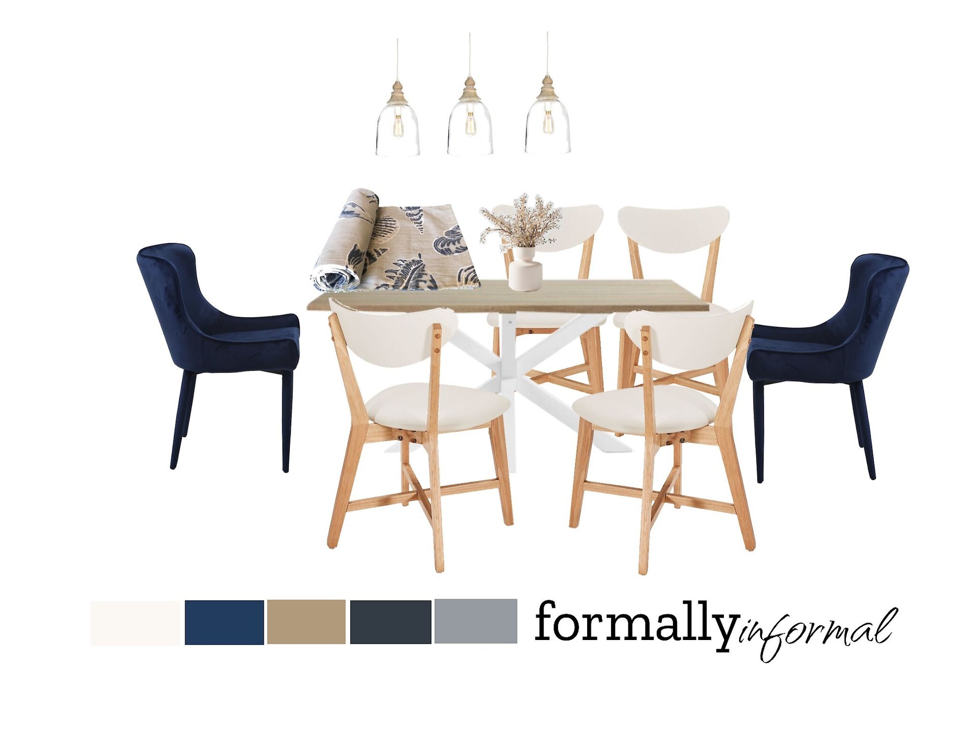 A dining room table and chairs with the words formally informal on the bottom