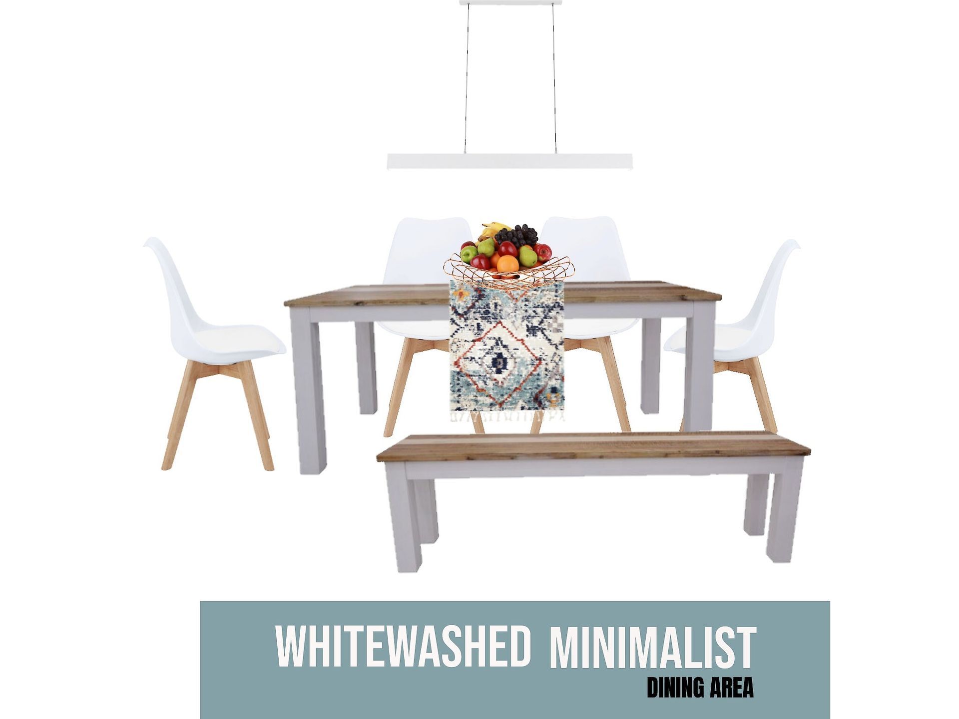 A whitewashed minimalist dining room with a table , chairs , and a bench.