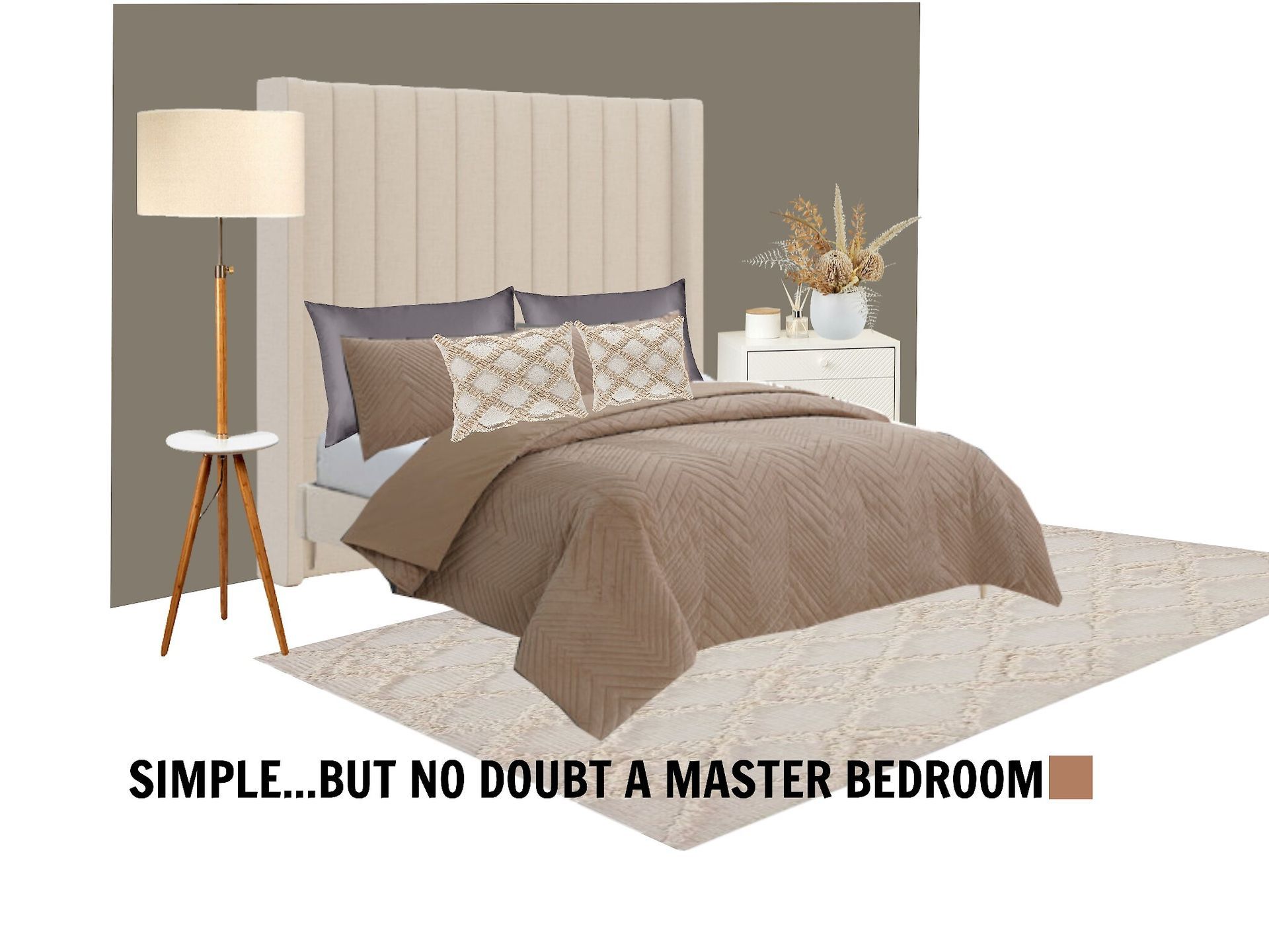 A bedroom with a bed , nightstand , lamp and rug.