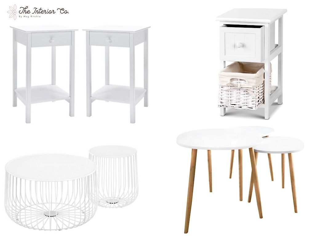 A group of white tables and a nightstand on a white background.