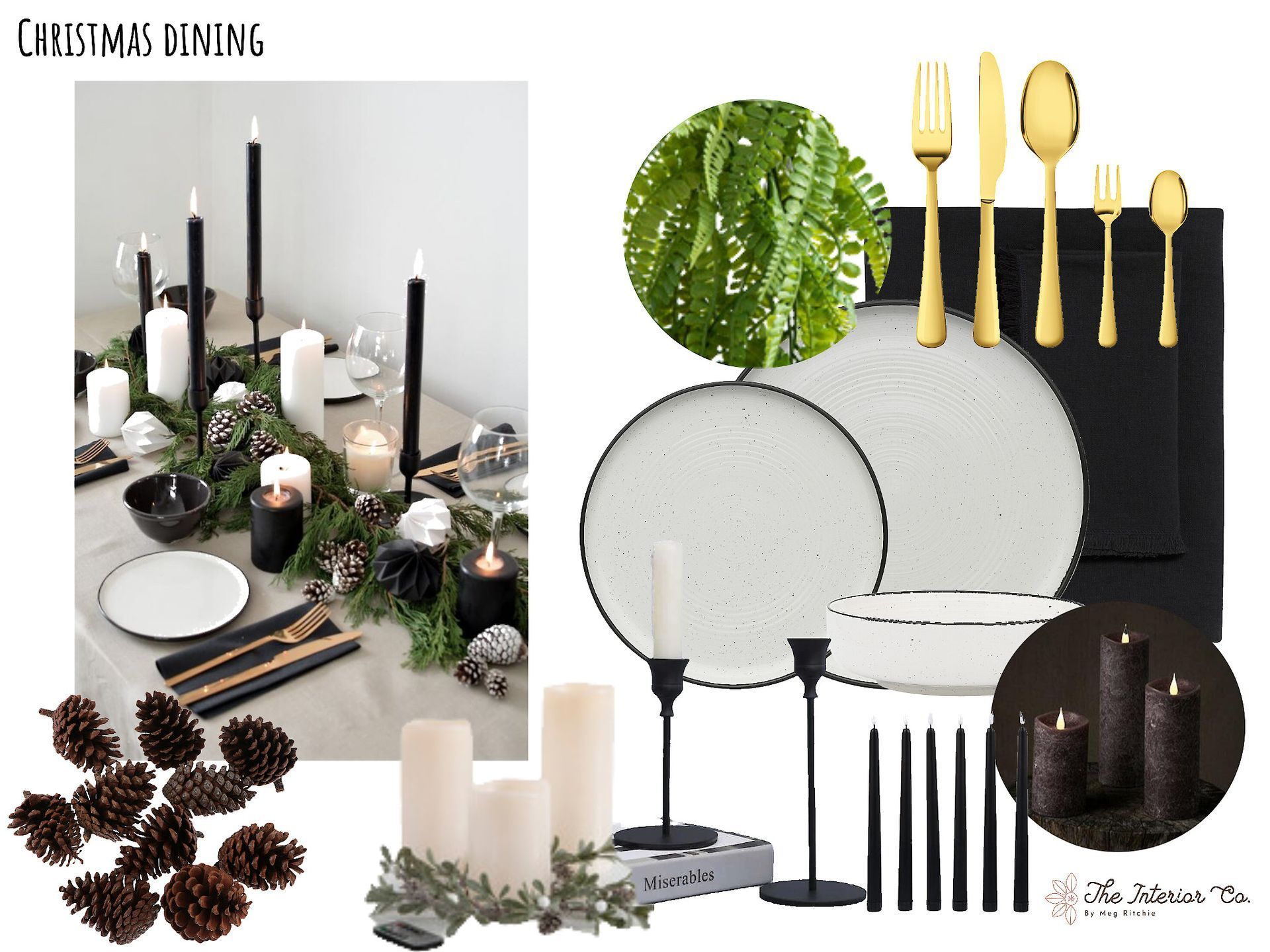 A table setting for a christmas dinner with candles and pine cones