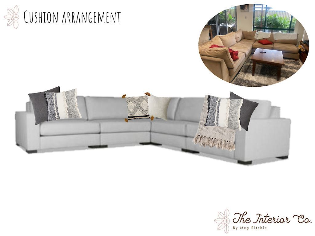 A white sectional couch with a picture of a living room in the background