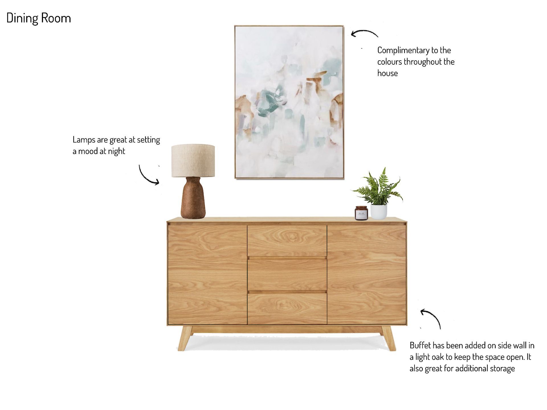 A wooden dresser with a lamp and a painting on the wall above it.