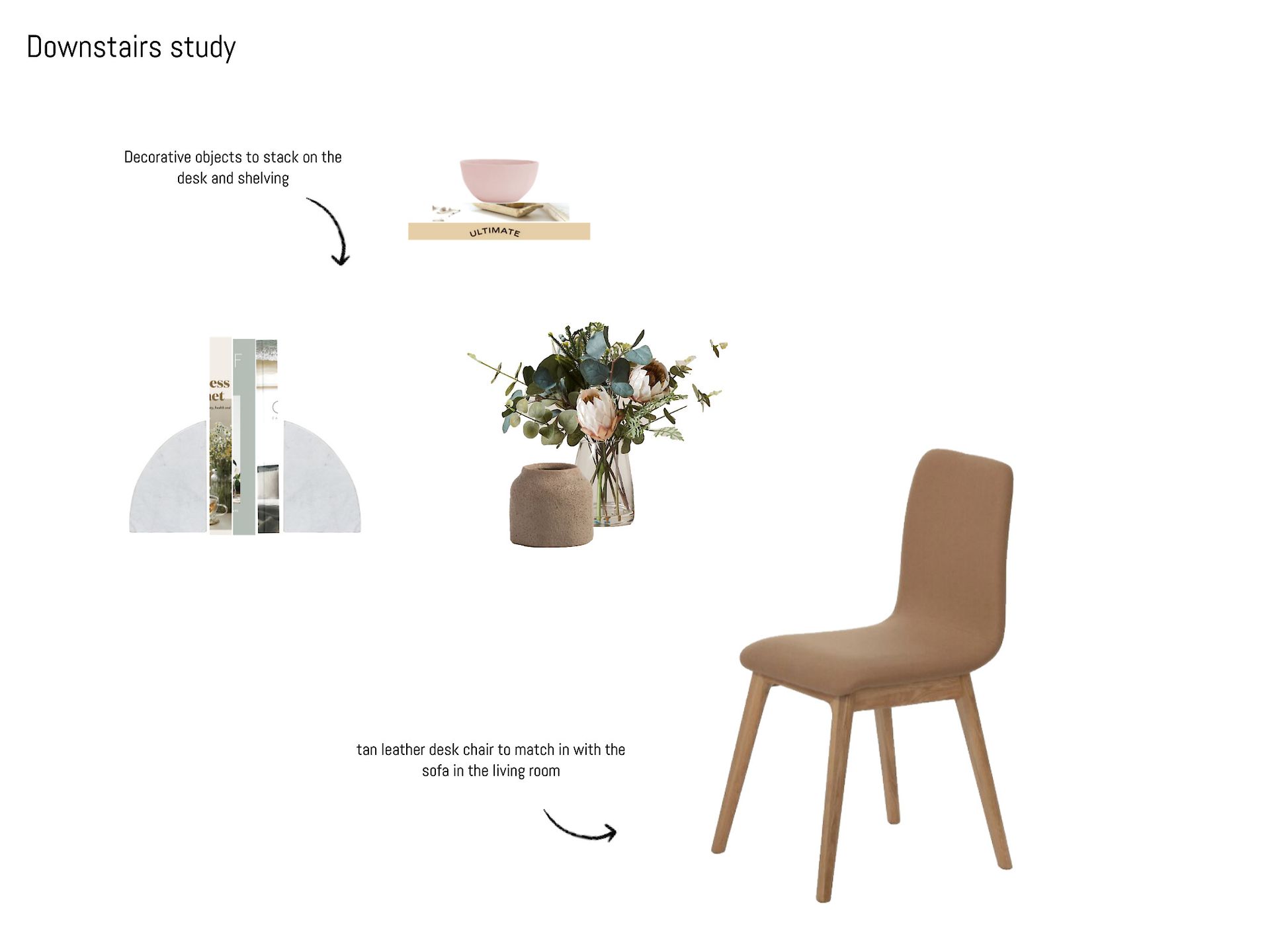 A picture of a chair , a vase of flowers , a book , and a vase of flowers.