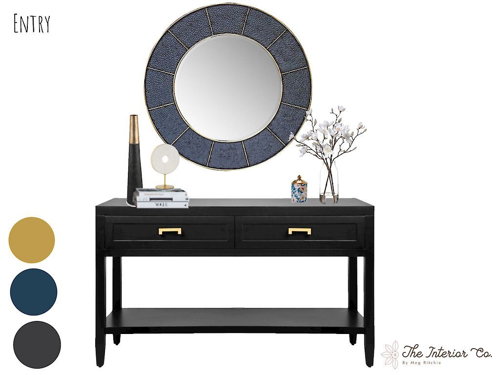 A black console table with a mirror on top of it.
