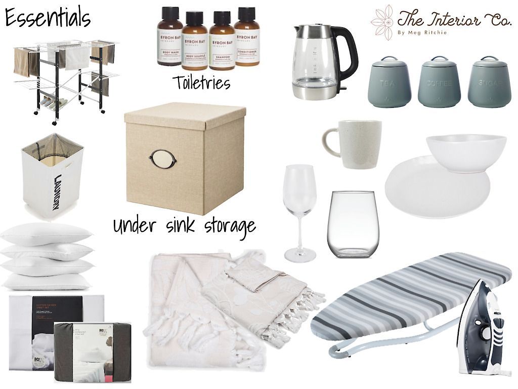 A collage of essentials including toiletries and under sink storage