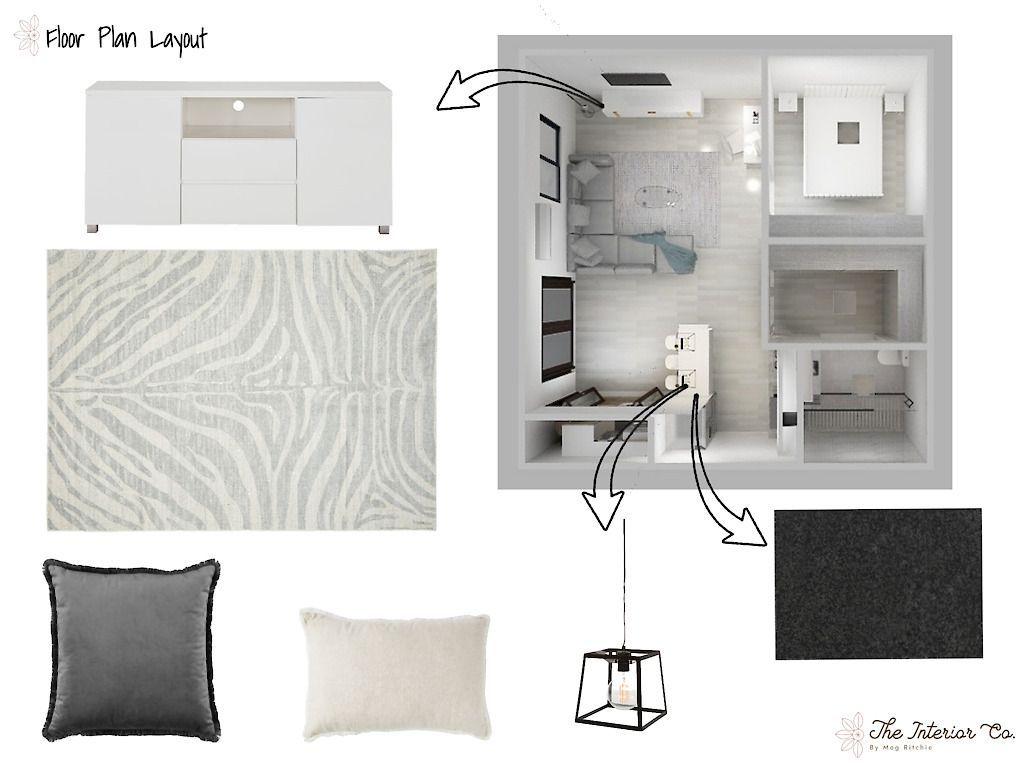 A picture of a room with a zebra print rug and pillows