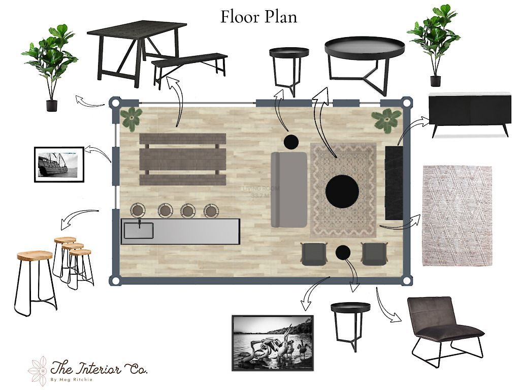A floor plan of a living room with furniture and plants.