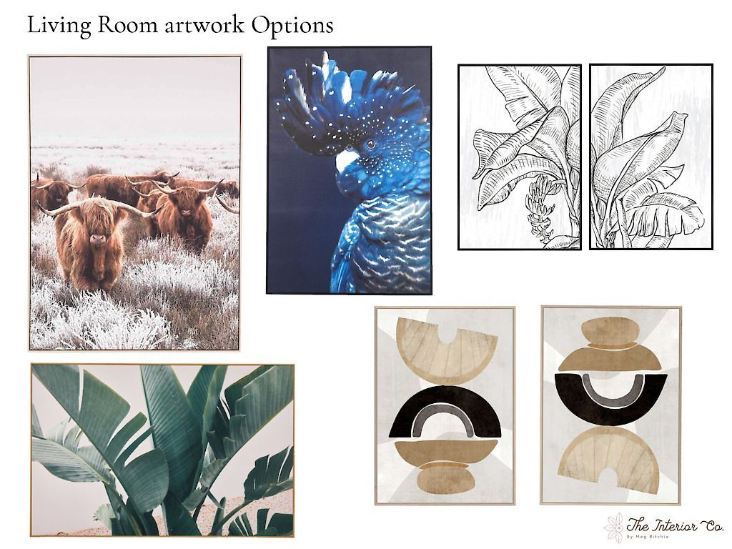 There are many different types of paintings in this living room.