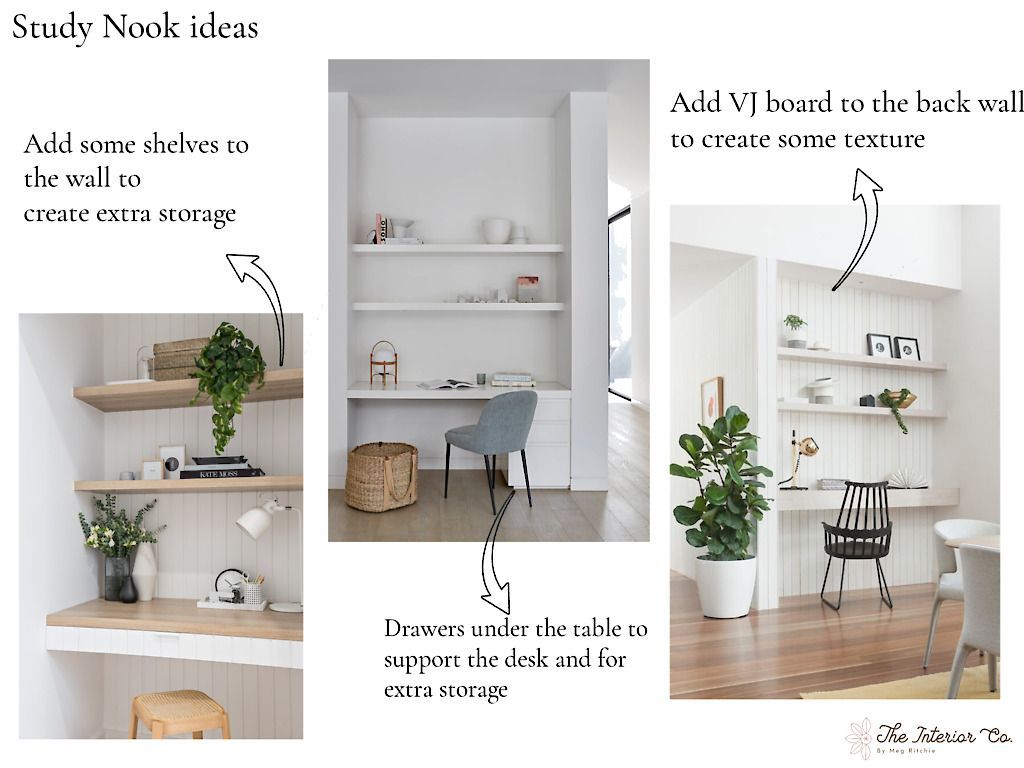 A collage of pictures of a study nook with shelves and a desk.