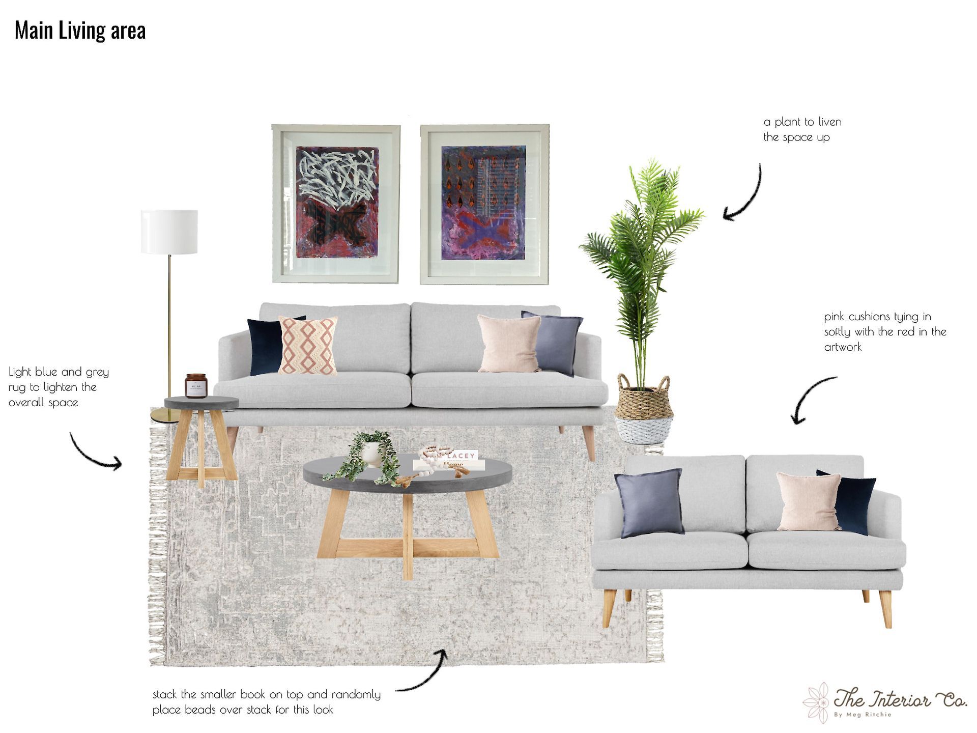 A living room with a couch , coffee table , rug and paintings on the wall.