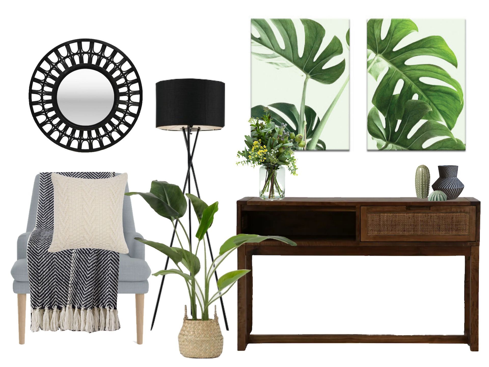 A living room with a chair , table , lamp , mirror and plants.