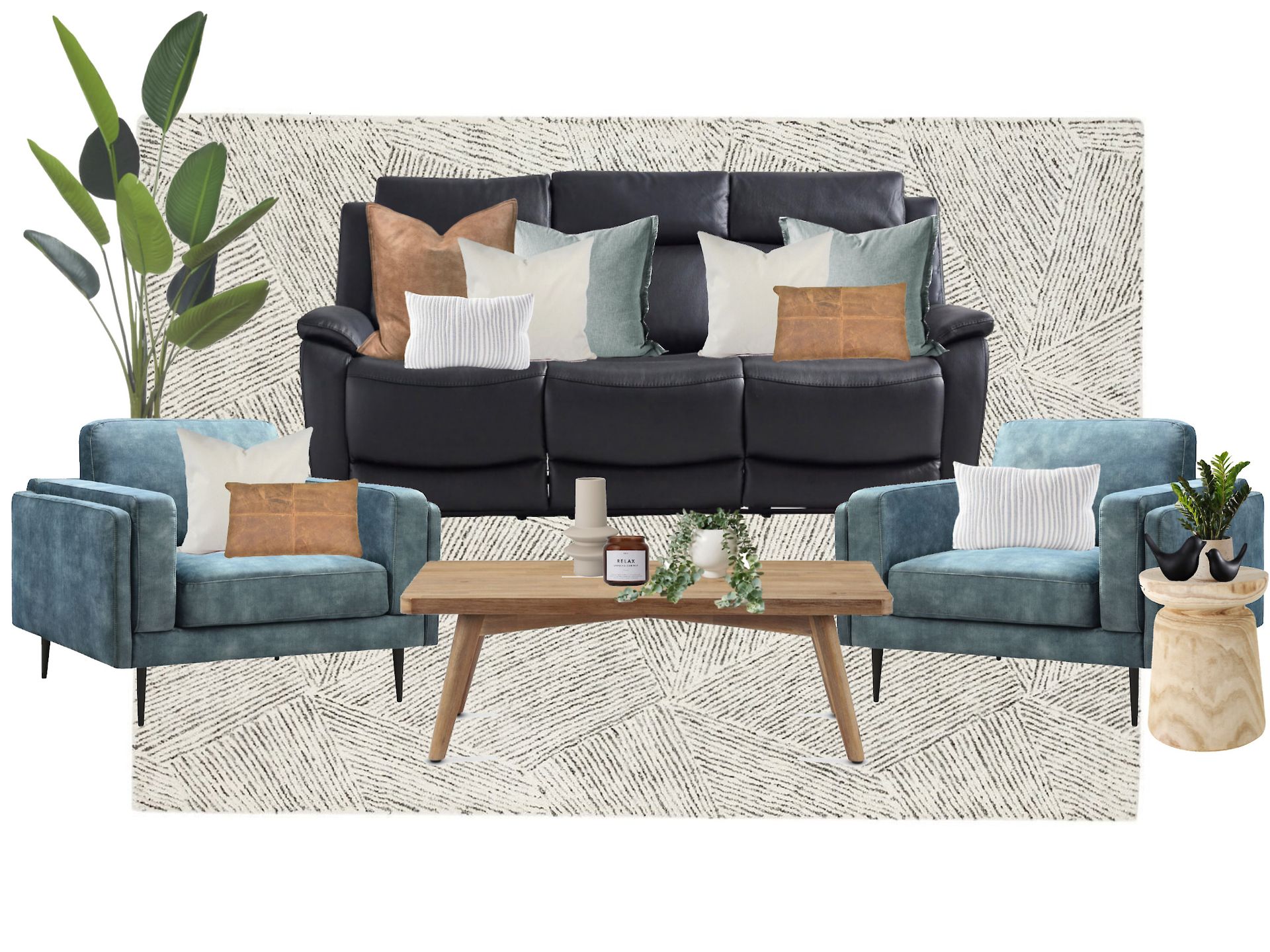 A living room with a couch , two chairs , a coffee table and a rug.