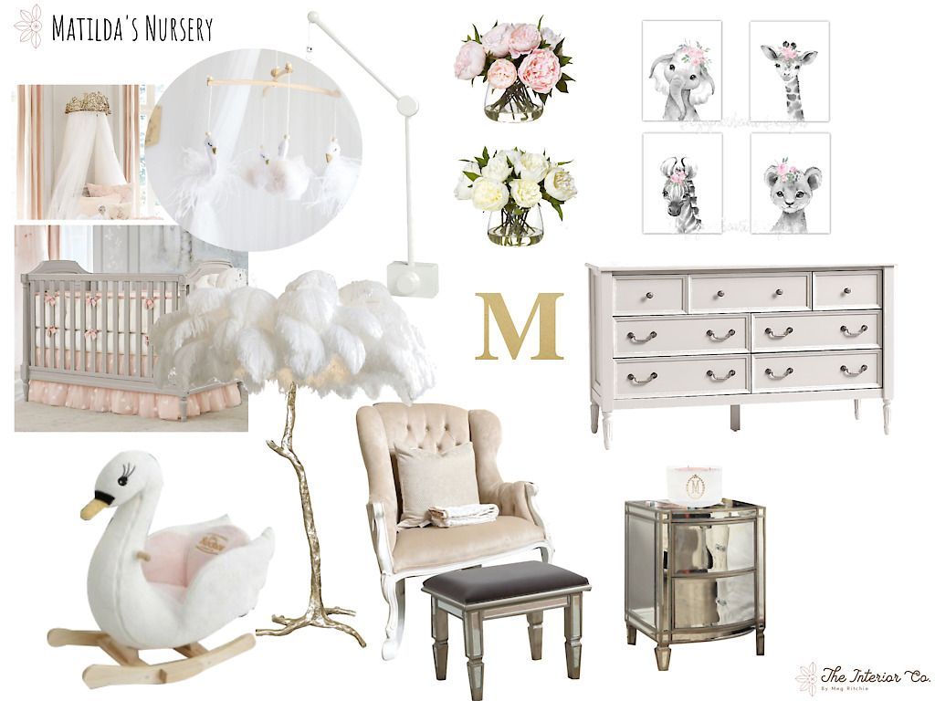 A collage of pictures of a baby 's nursery with a swan , chair , dresser and nightstand.