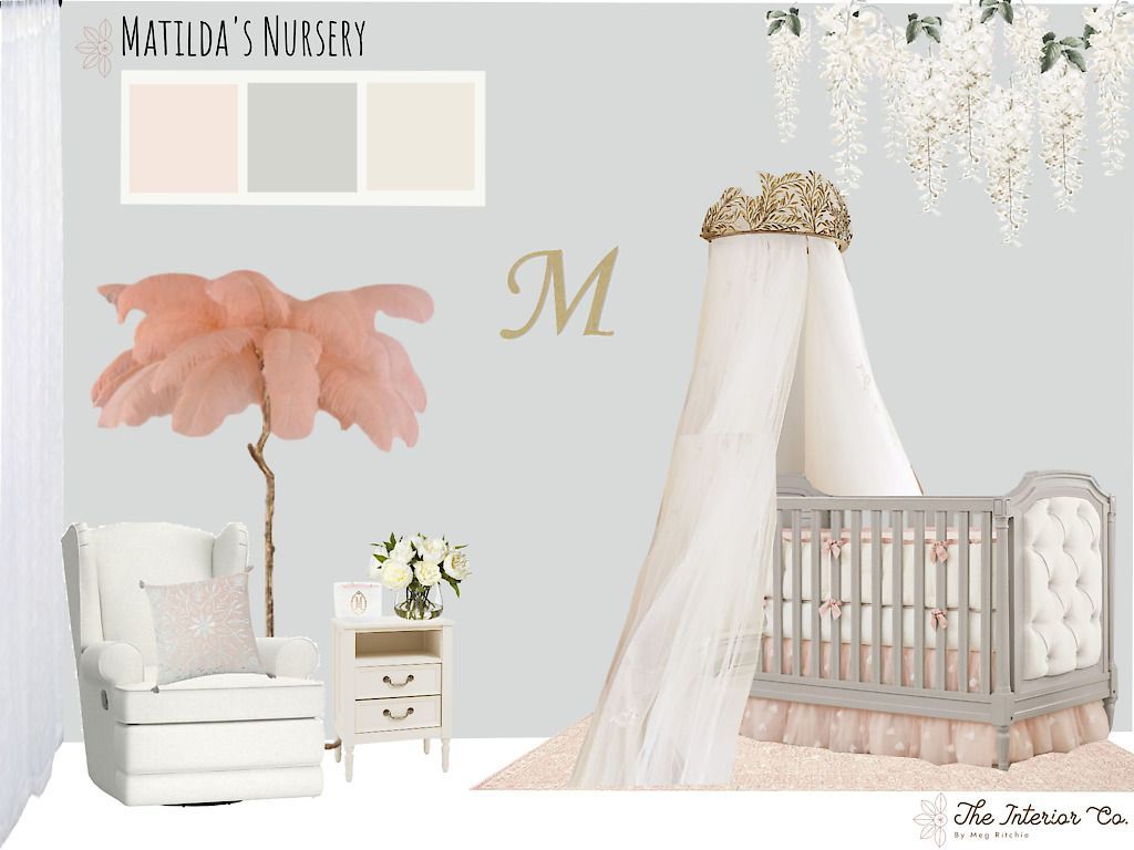 A picture of a baby 's nursery with the letter m on the wall