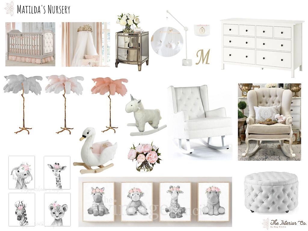 A baby girl 's nursery with a crib , rocking chair , dresser , and ottoman.