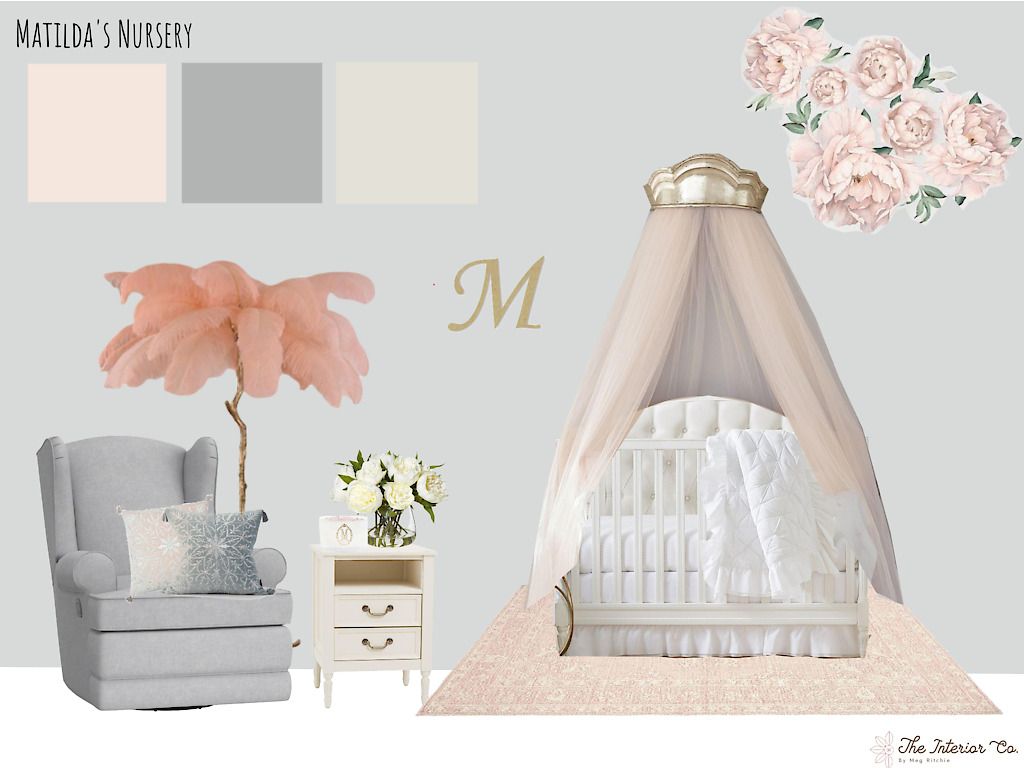 A baby 's nursery with a canopy crib and a chair
