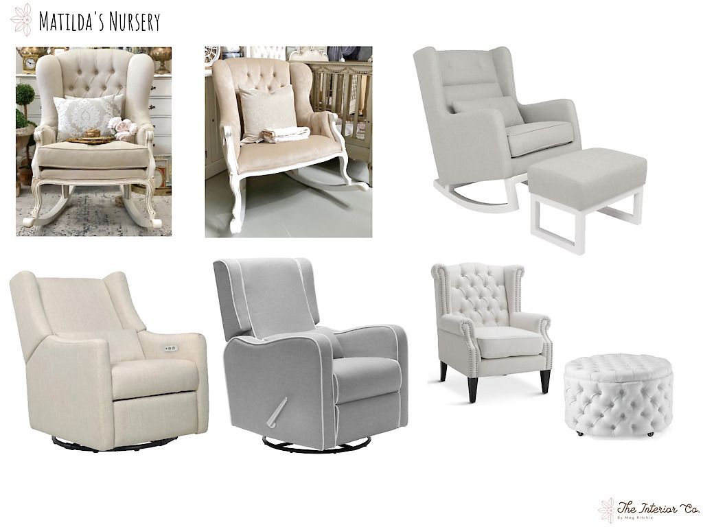 A collage of white rocking chairs and ottomans for a nursery
