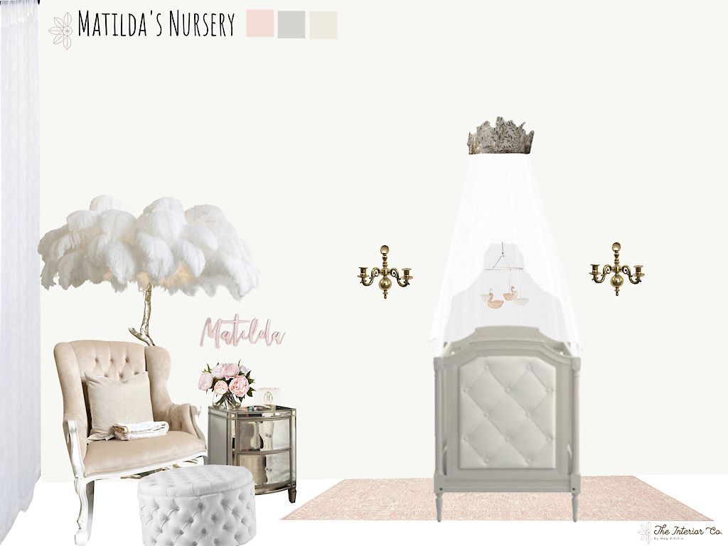 A baby girl 's nursery with a crib , chair , nightstand and ottoman.
