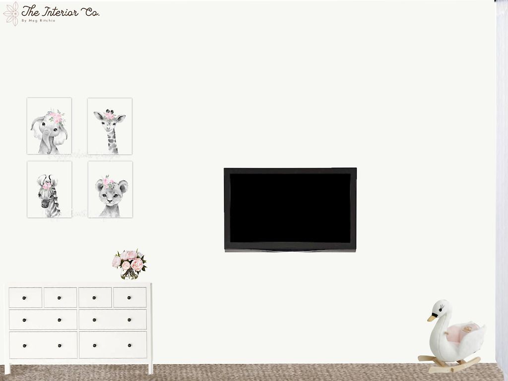 A child 's room with a swan , dresser , and television.