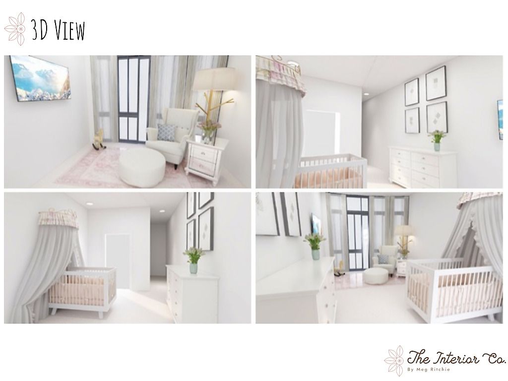 A 3d view of a nursery with a crib and a canopy.