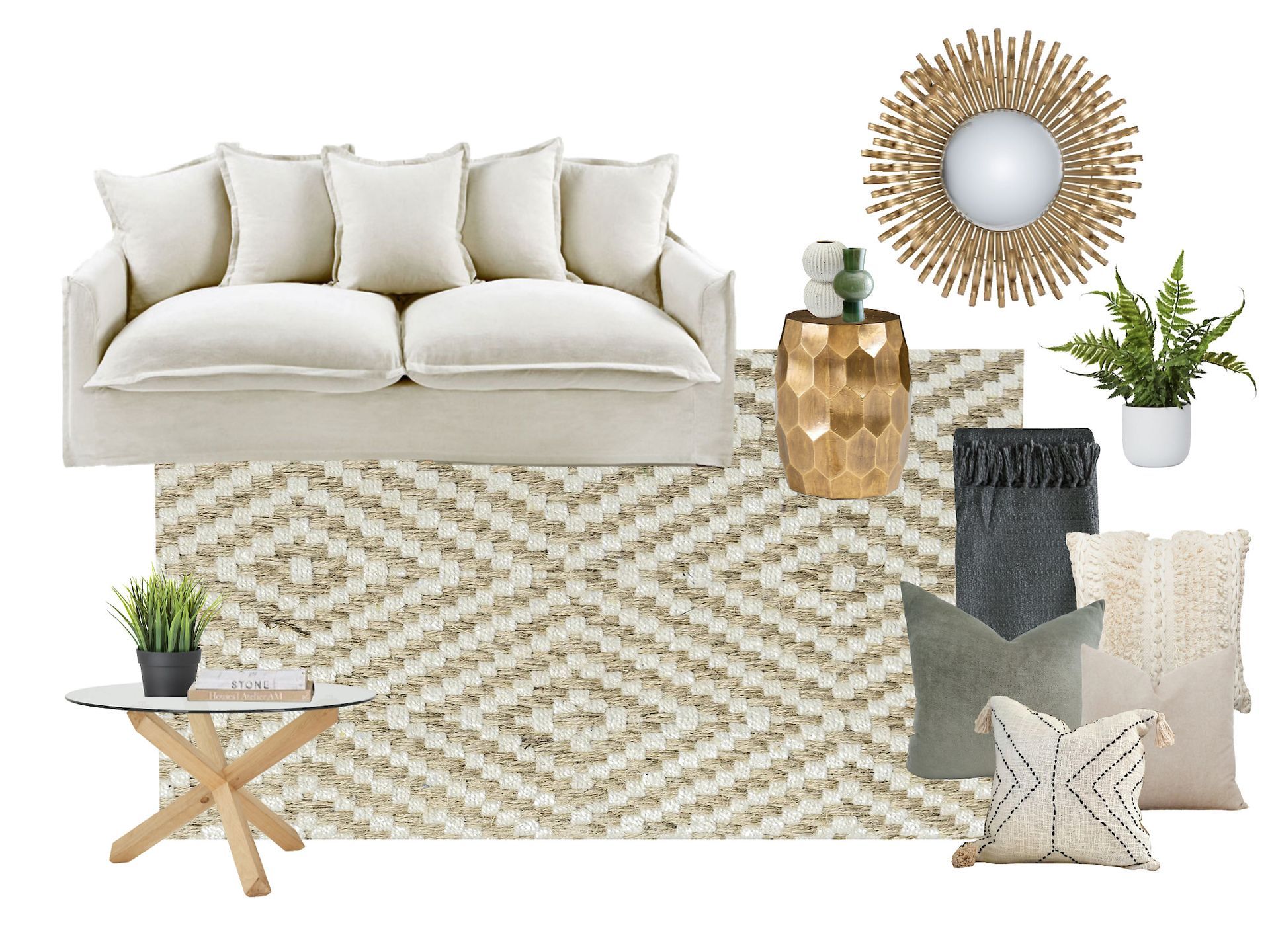 A living room with a white couch and a rug  for interior design paradise point