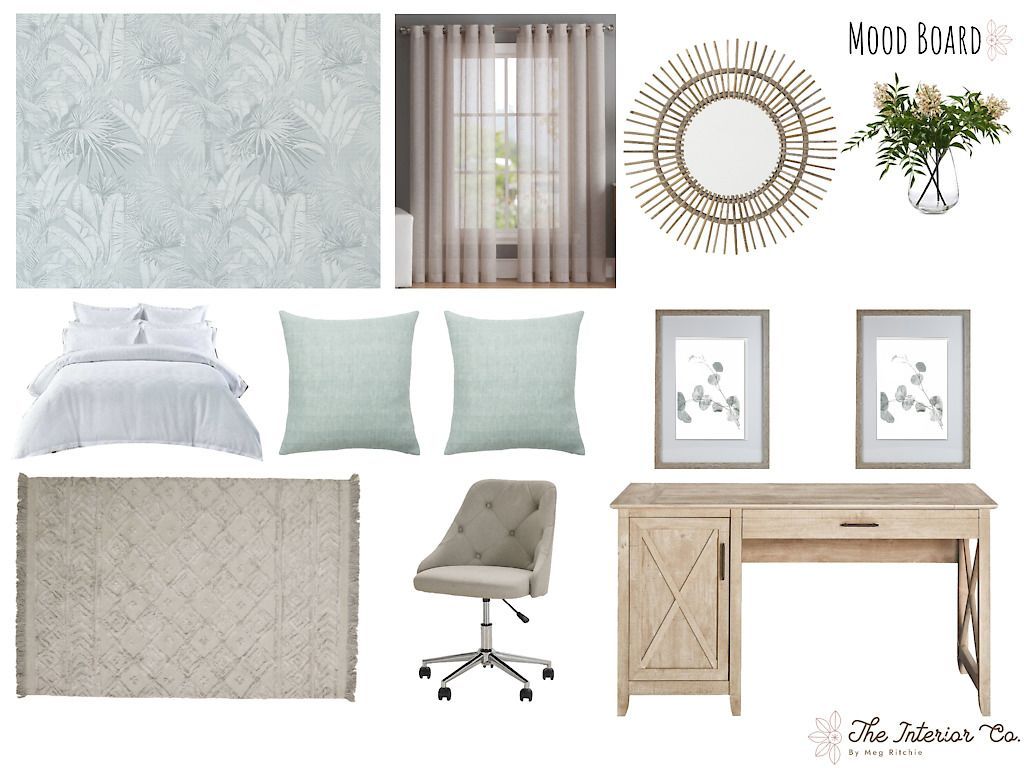 A bedroom with a bed , desk , chair , rug , curtains and a mirror.