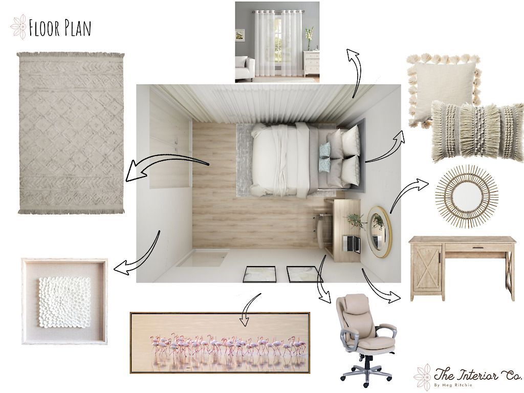 A bedroom with a bed , desk , chair , mirror and rug.