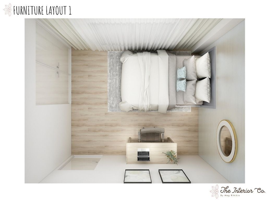 An aerial view of a bedroom with a bed and a mirror