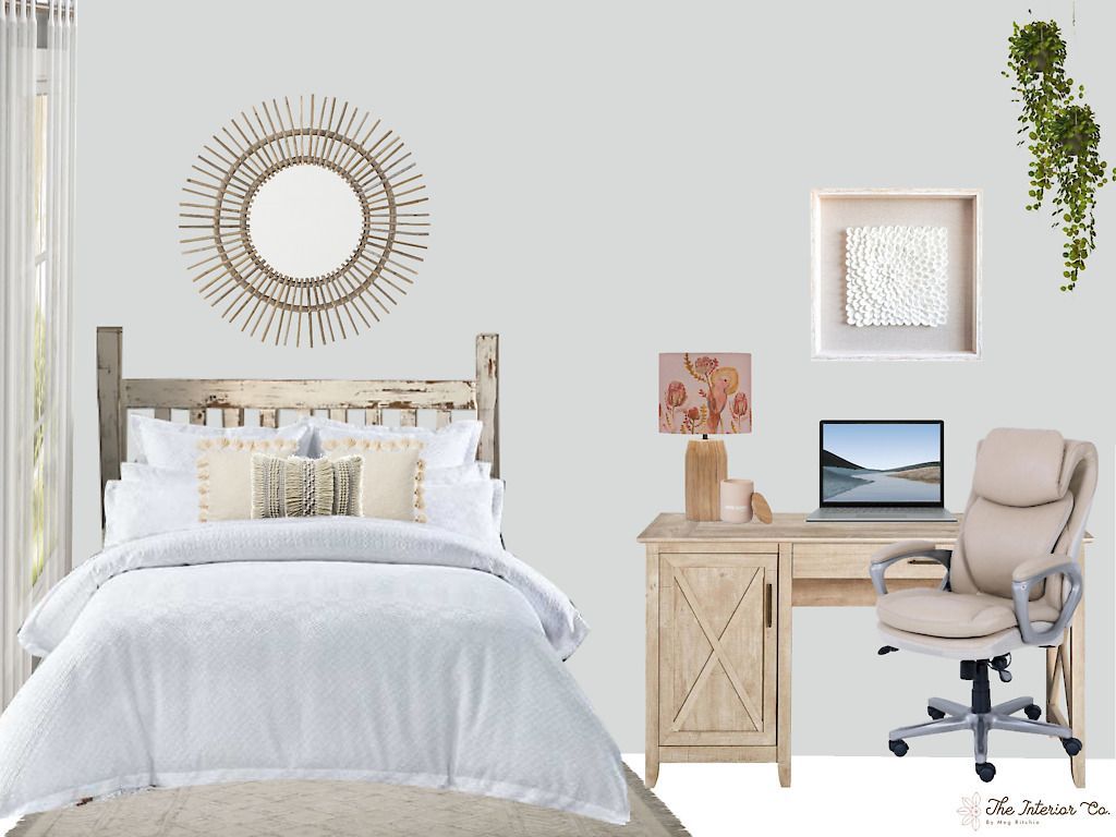 A bedroom with a bed , desk , chair and laptop.