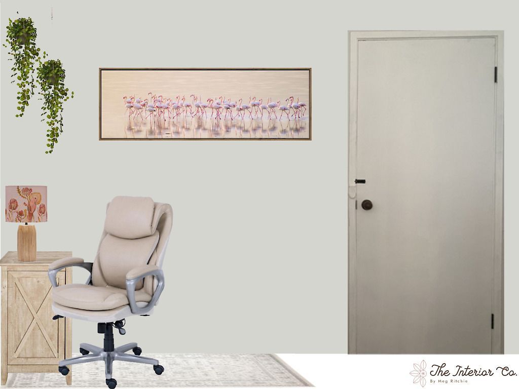 A room with a desk , chair , lamp and a painting on the wall.