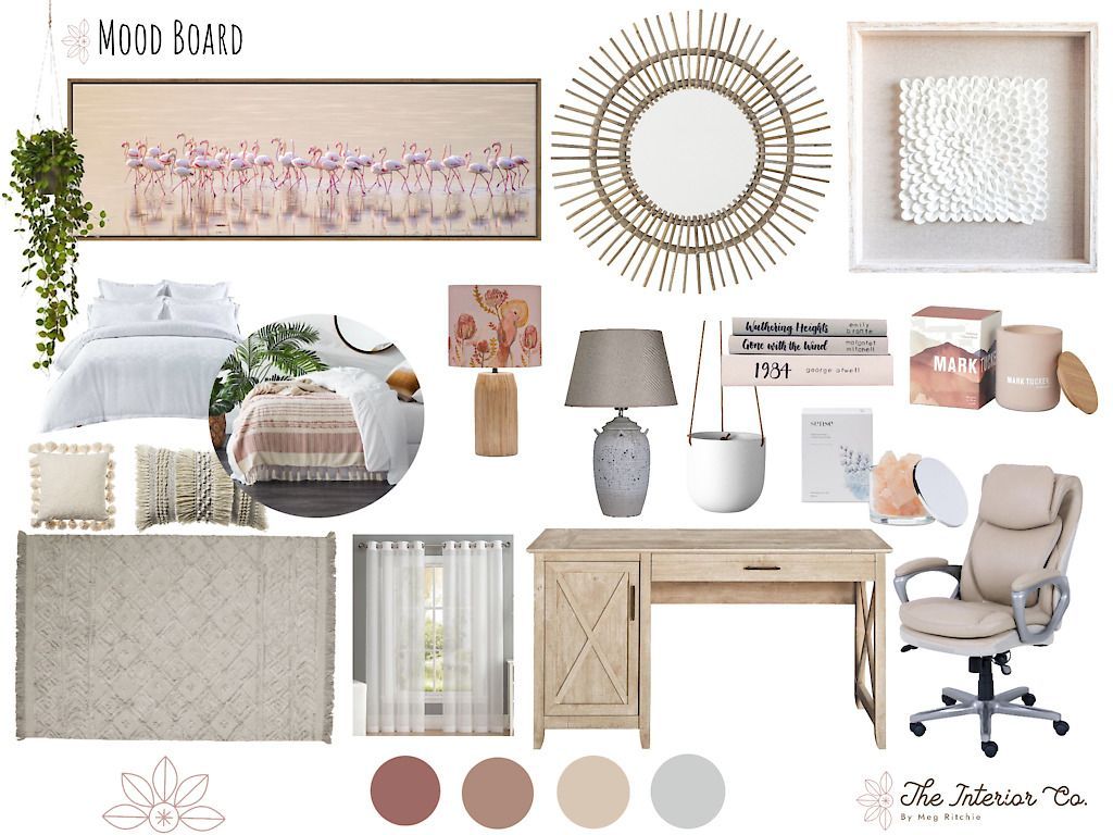 A room with a desk , chair , lamps , and a painting on the wall.