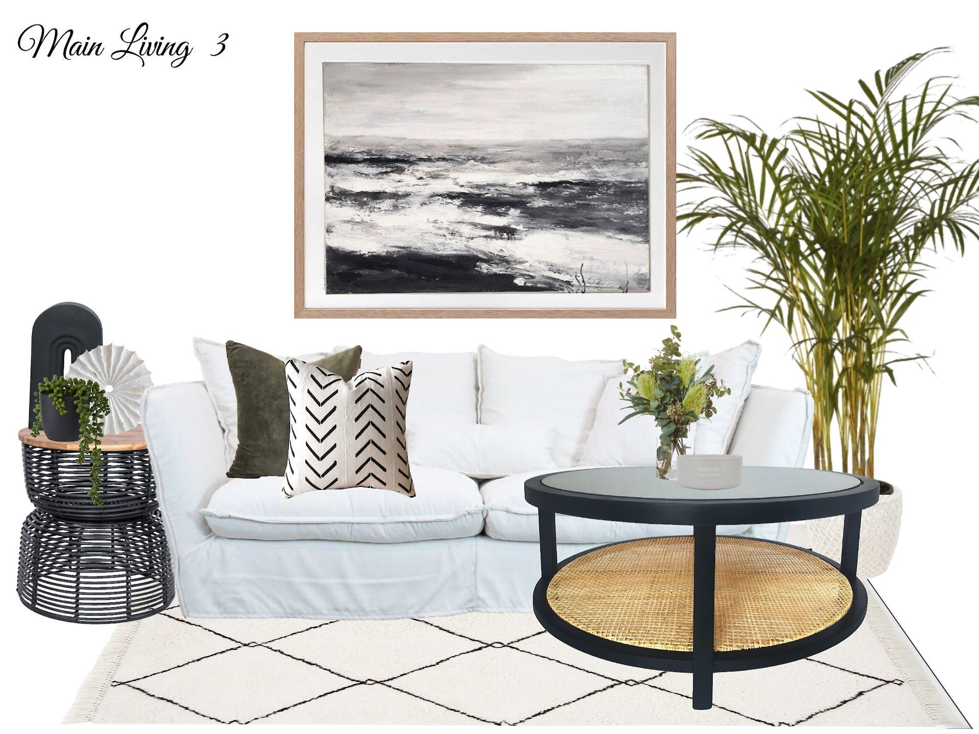 A living room with a white couch , black coffee table , and a picture on the wall.