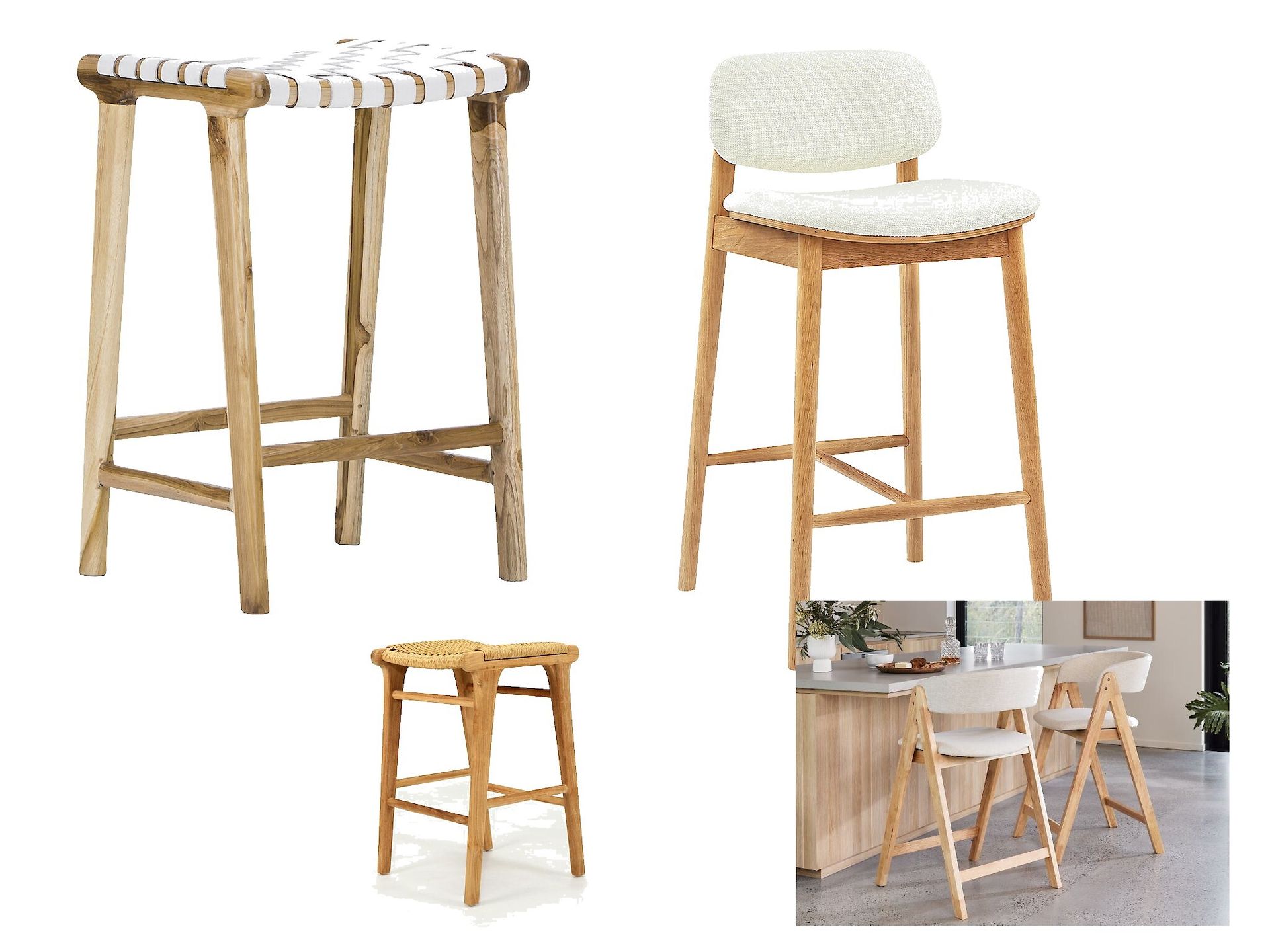 Three different types of bar stools are shown on a white background.