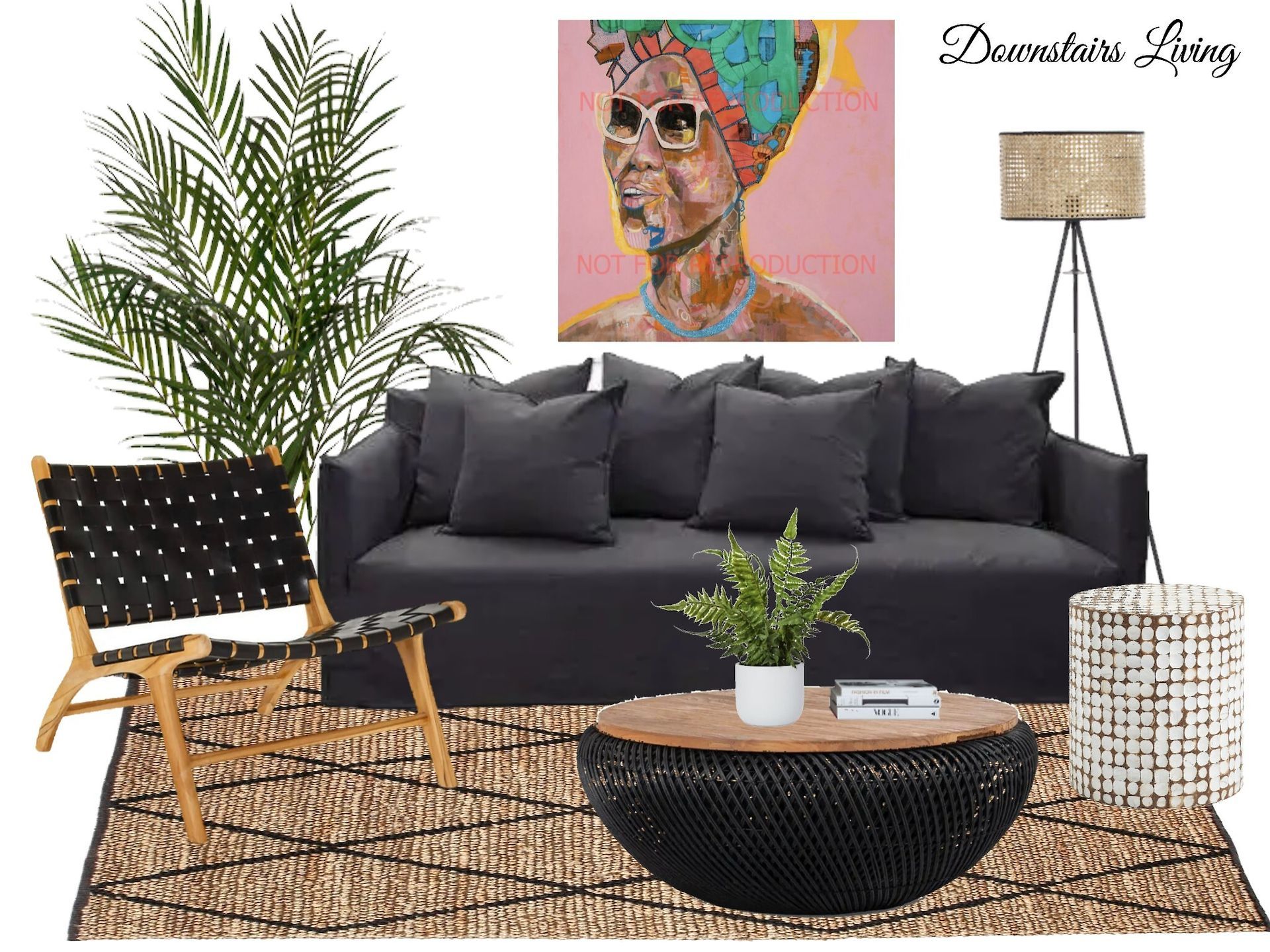 A living room with a black couch , chair , coffee table and painting on the wall.