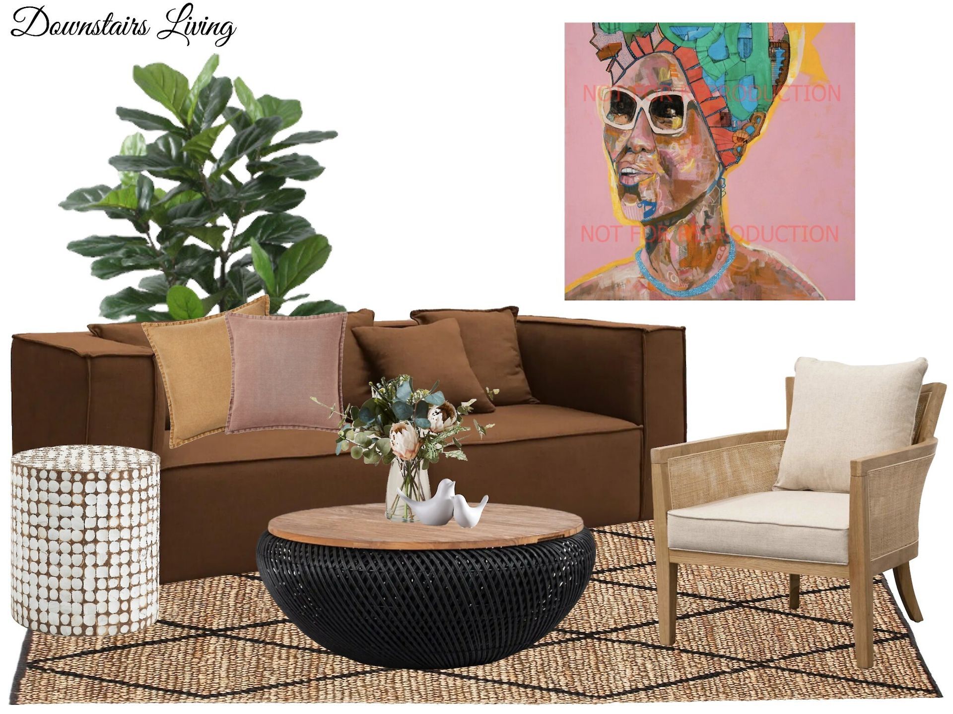 A living room with a couch , chair , coffee table and a painting on the wall.