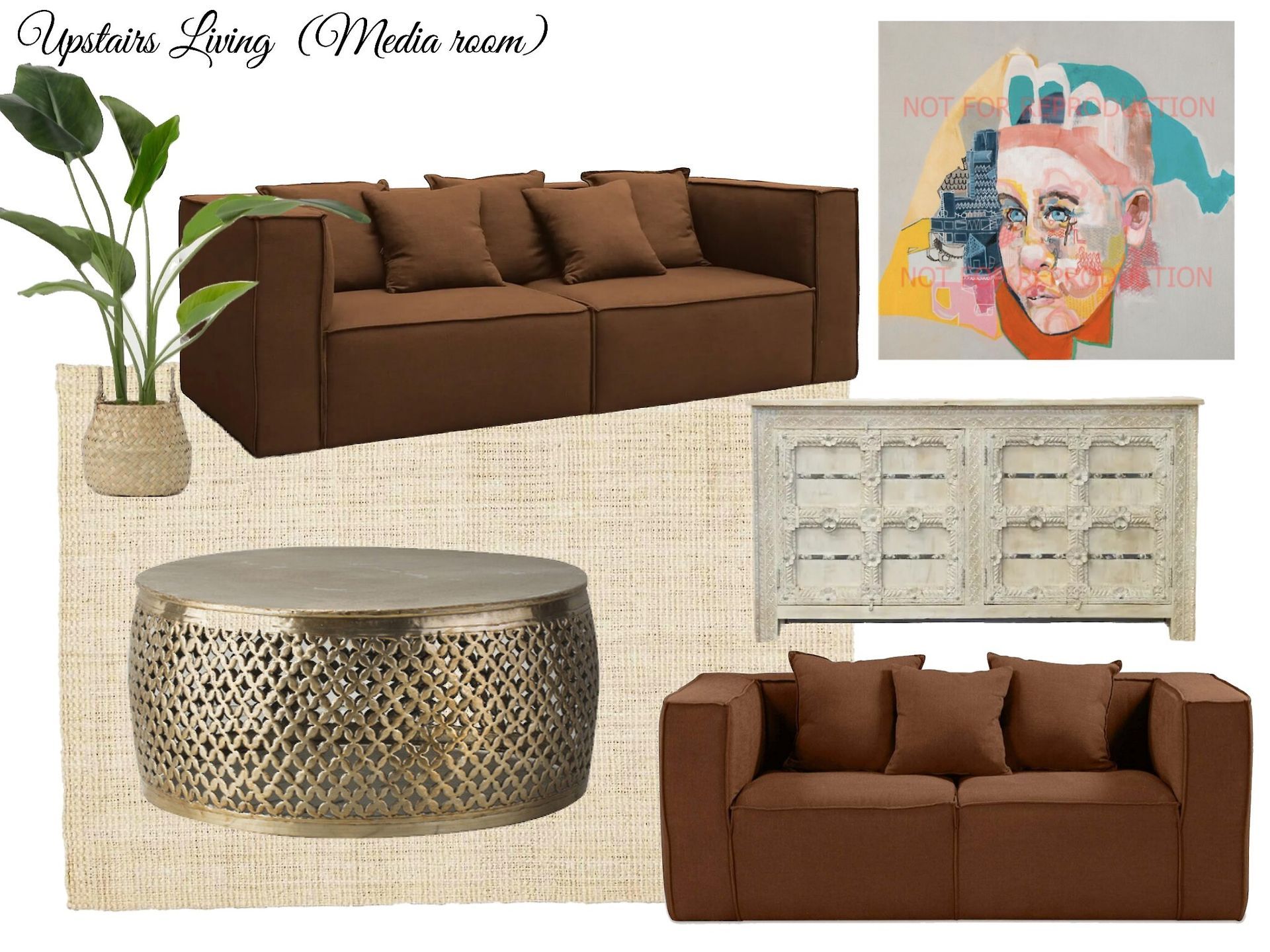 A living room with a brown couch and a coffee table