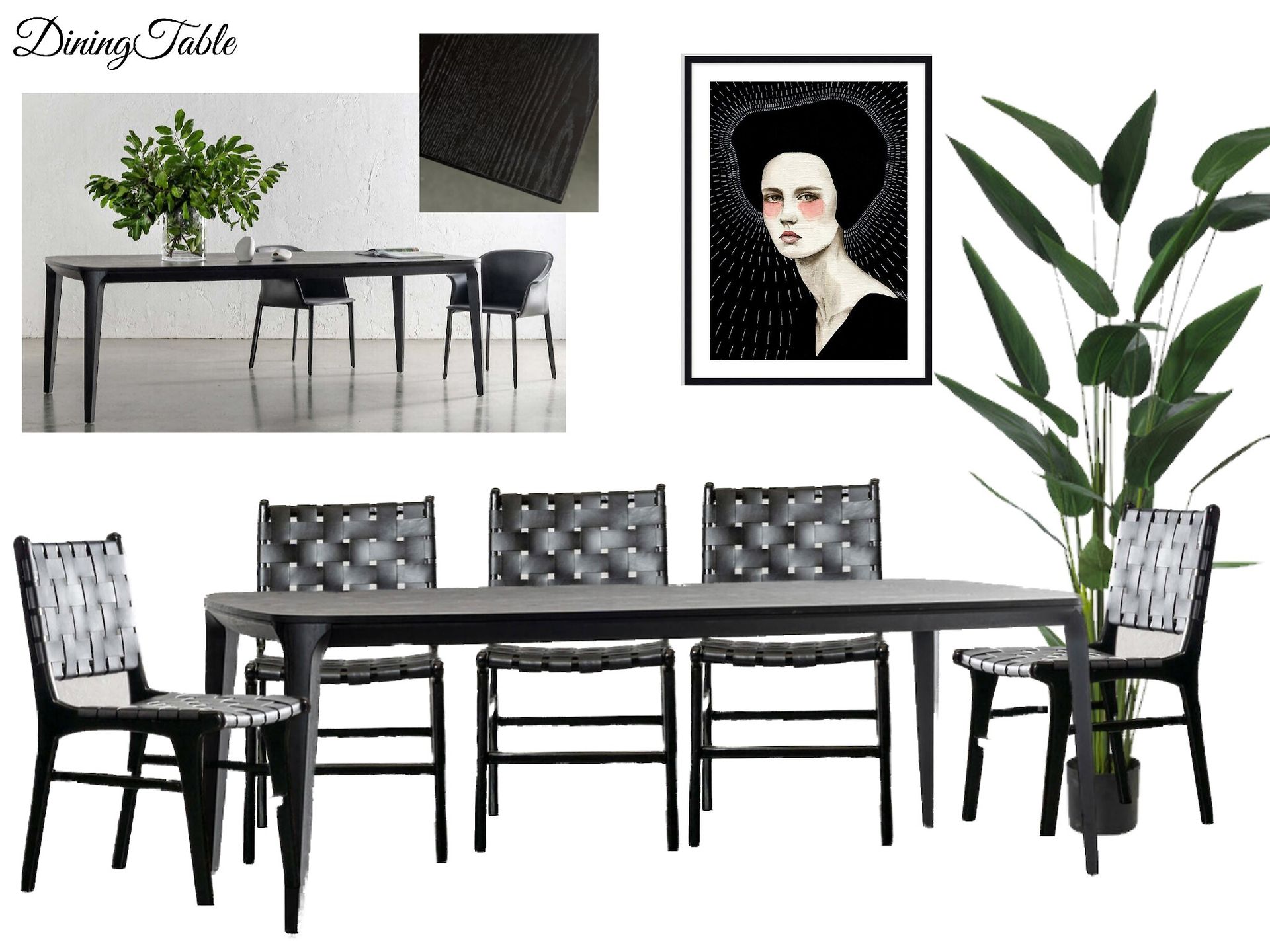 A dining room with a table and chairs and a plant.